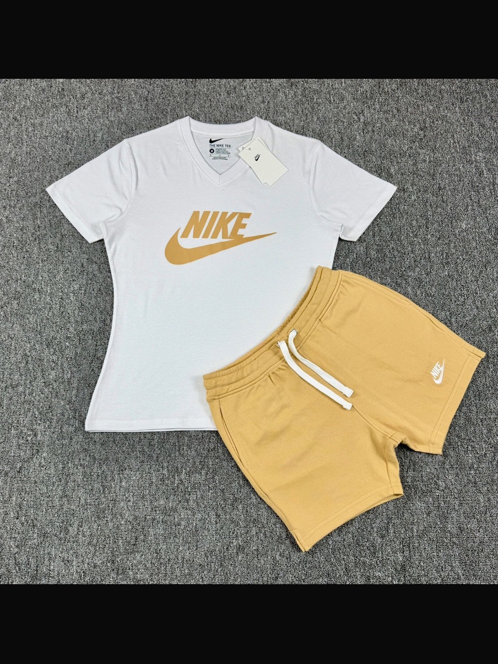 Nike White Tee with Gold Logo & Gold Drawstring Shorts